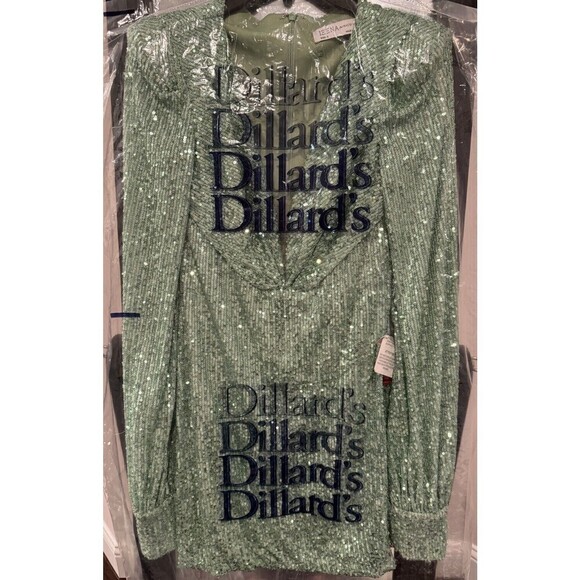 Ieena for Mac Duggal Sequined Structured Bishop Sleeve Mini Dress Light Green 2 - Picture 5 of 16